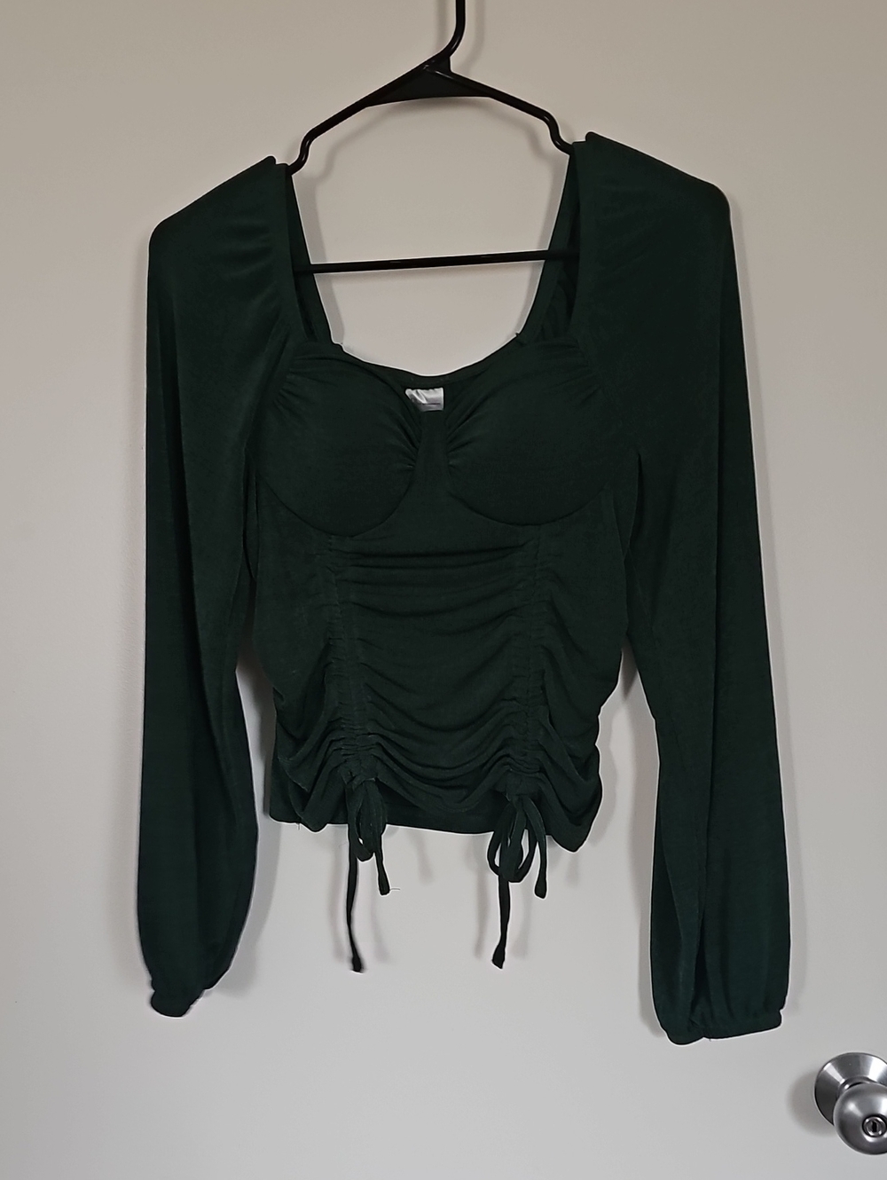 No Boundaries Dark Green Square Neck Ruched Long Sleeve Top